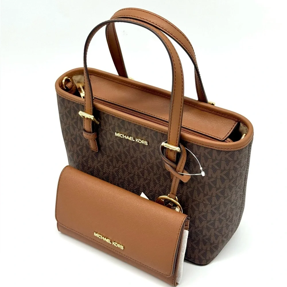 Michael Kors JST XS Logo TZ Tote Bag & Matching Trifold Wallet Signature Brown
